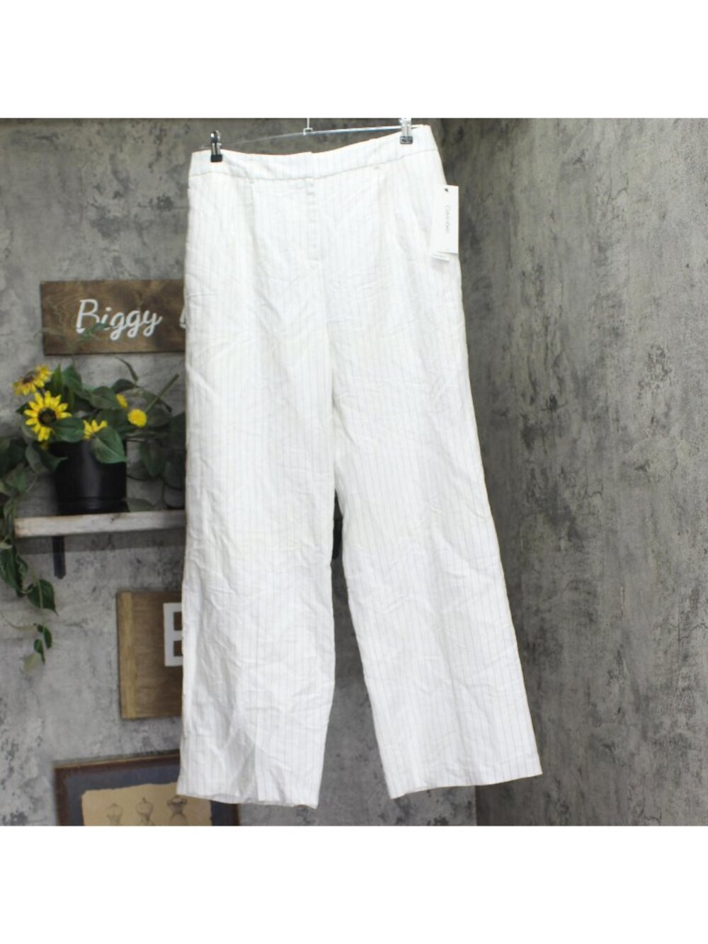 NEW Calvin Klein Pinstriped Pleated Pants Linen Blend Lined White / Khaki 14